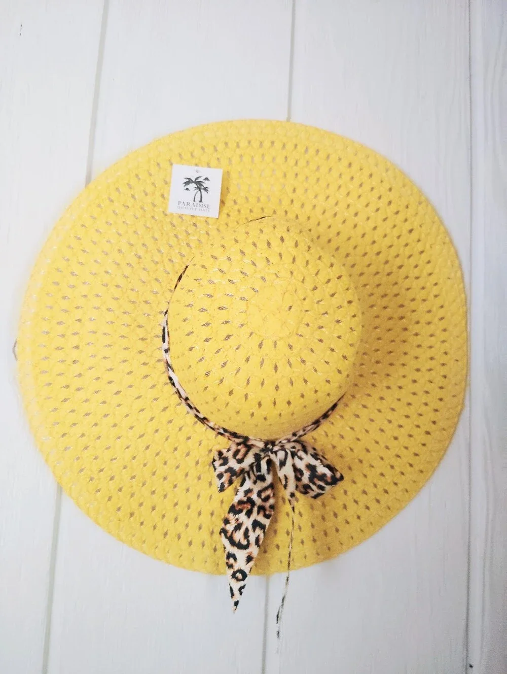 NWT!! Yellow Sun Hat with Leopard Bow by Paradise Quality